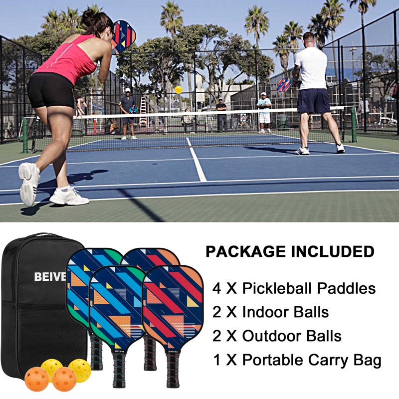 BEIVES Red 4-Paddle Pickleball Set with Balls & Carry Case - Fiberglass Paddles