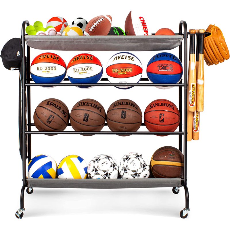 Multi-Layer Ball Storage Rack with Hooks & Bat Holder - Rolling Sport Equipment Organizer