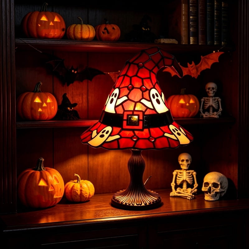 Variation S(8in) G Stained Glass Witch Hat Table Lamp – Handcrafted Halloween Night Light