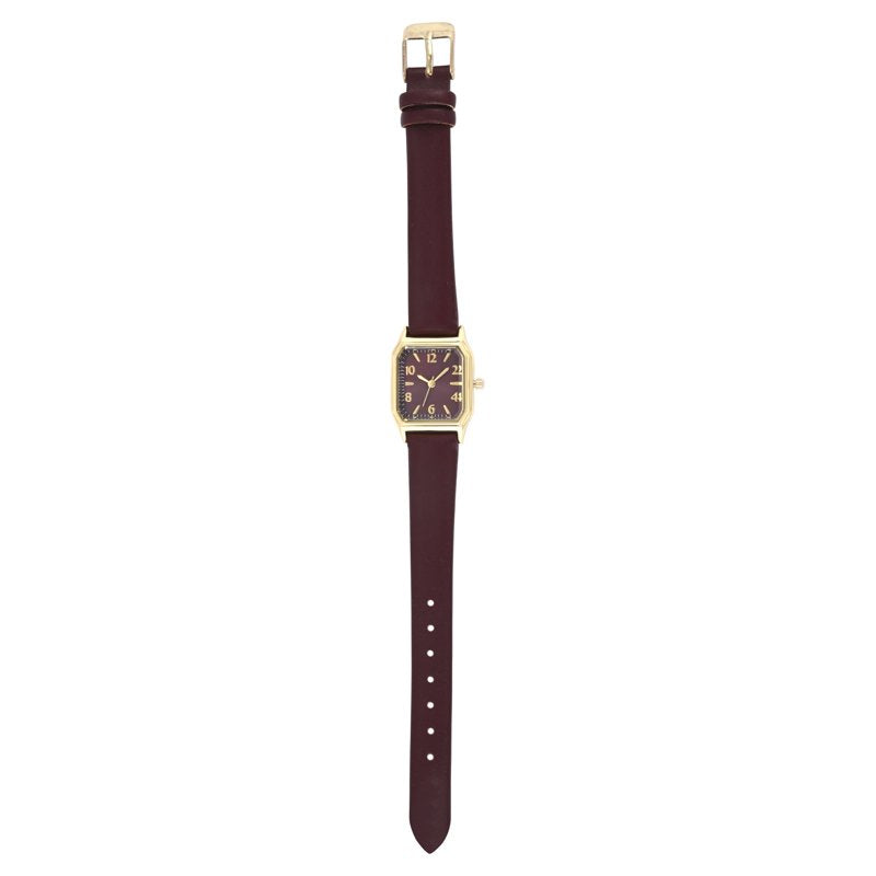 Goldtone Square Case Watch with Burgundy Leather Strap for Ladies