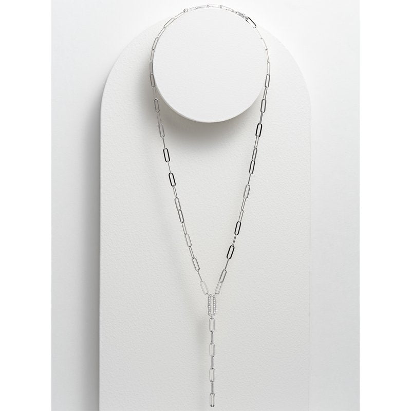 Sterling Silver CZ Paperclip Necklace 18" + 2" Extension Lariat Jewelry