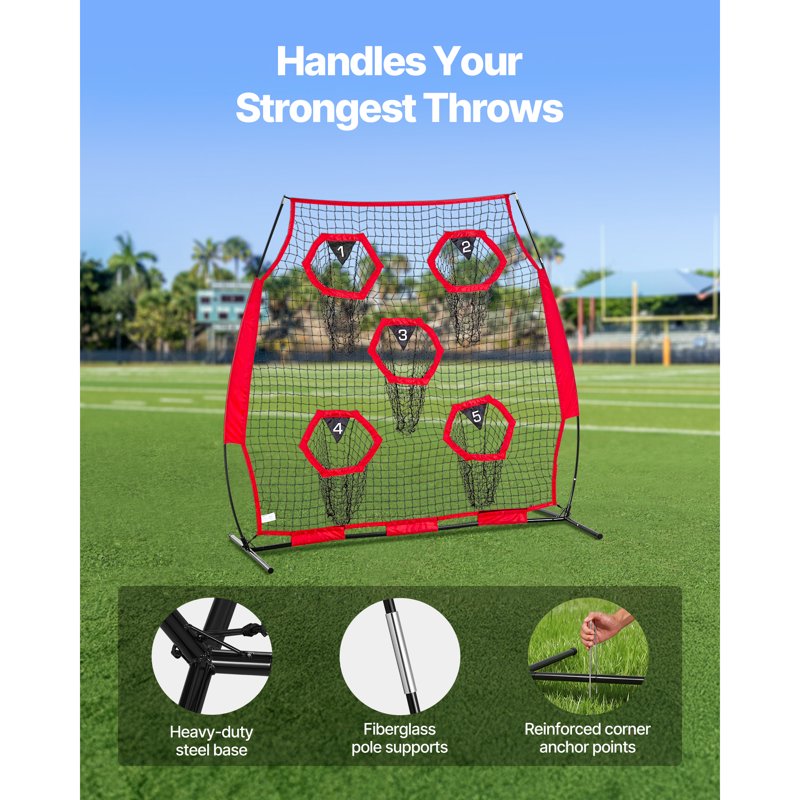 Football Practice Net with Targets, Durable Knotless Mesh, Includes Carrying Case - 6x6 ft