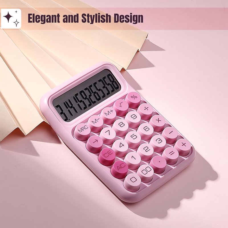 Pink 12-Digit Mechanical Calculator with Large LCD Display and Big Buttons