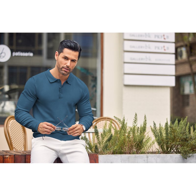Men's Slim Fit Long Sleeve Polo Shirt with Button-Down Collar and Stretch Knit Fabric
