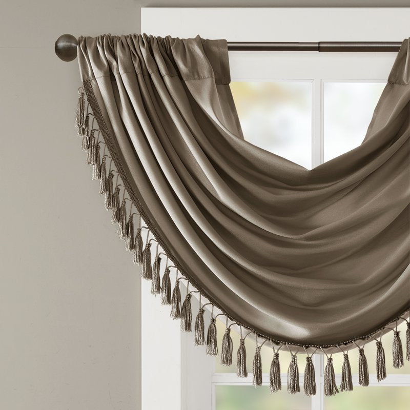 Faux Silk Waterfall Window Valance with Tassel Trim - Bronze 38x46 Inches