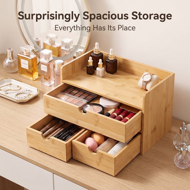 Bamboo Desk Organizer with 3 or 2 Drawers for Office Supplies & Makeup Accessories