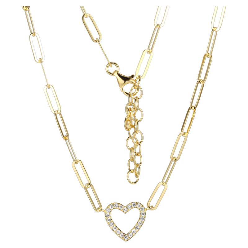 Heart Cubic Zirconia Paperclip Necklace in 18K Gold Over Sterling Silver 18 Inches