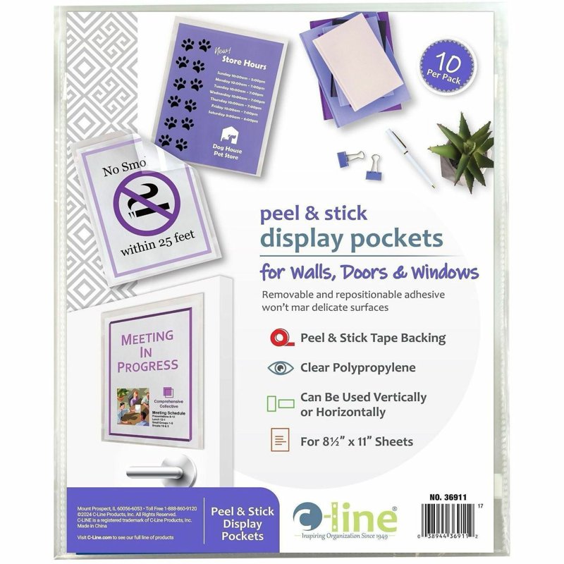 Clear Display Pockets for 8.5x11 Documents - Removable Tape Backed, Pack of 10