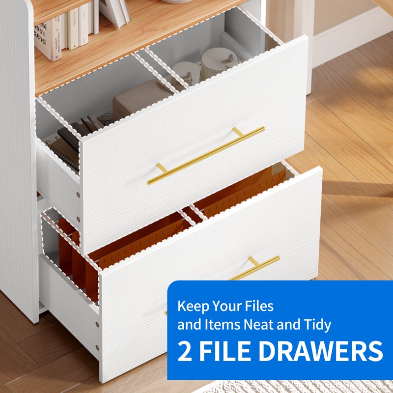 White 2-Drawer File Cabinet with Charging Station Office Storage