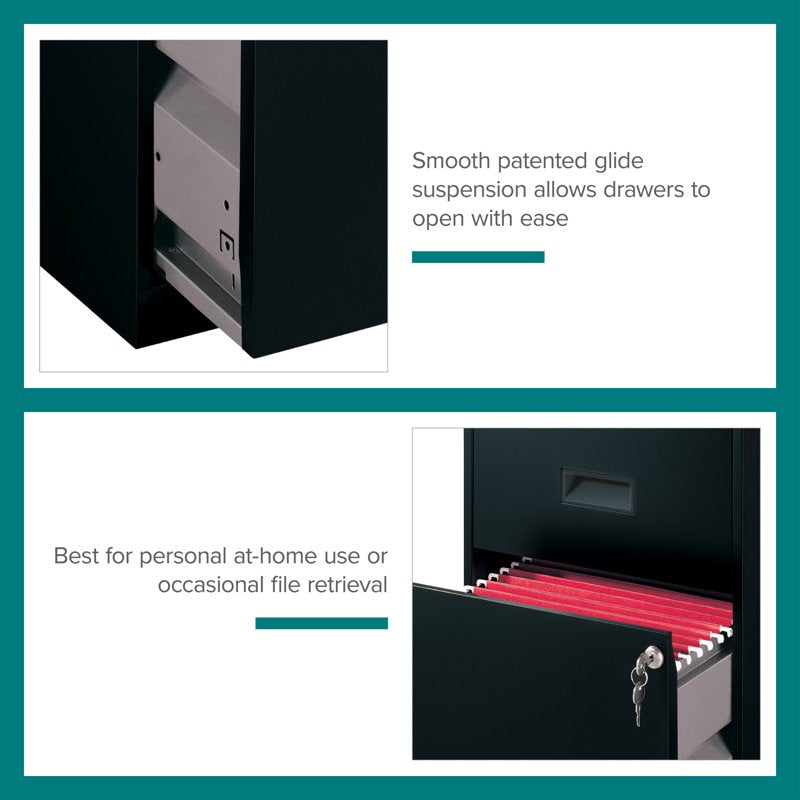 18-Inch Deep 2-Drawer Letter Size Metal File Cabinet - Black, Lockable, Fully Assembled