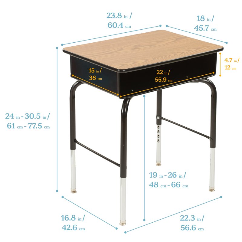Adjustable Kids Classroom Desk with Metal Storage Book Box - Oak Finish