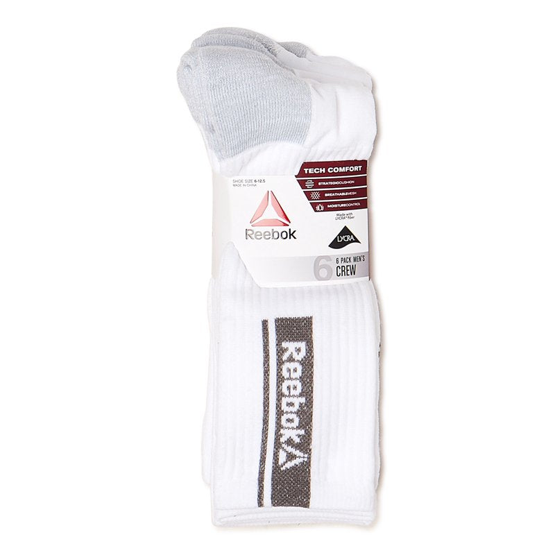 Reebok Tech Comfort Crew Socks 6-Pack - White, Size 6-12.5