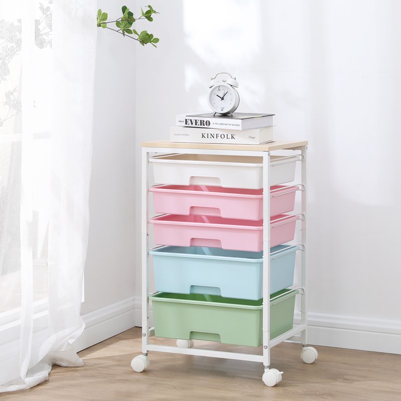 Multi-Color 5-Drawer Rolling Storage Cart with Wooden Top - Home Office Organizer