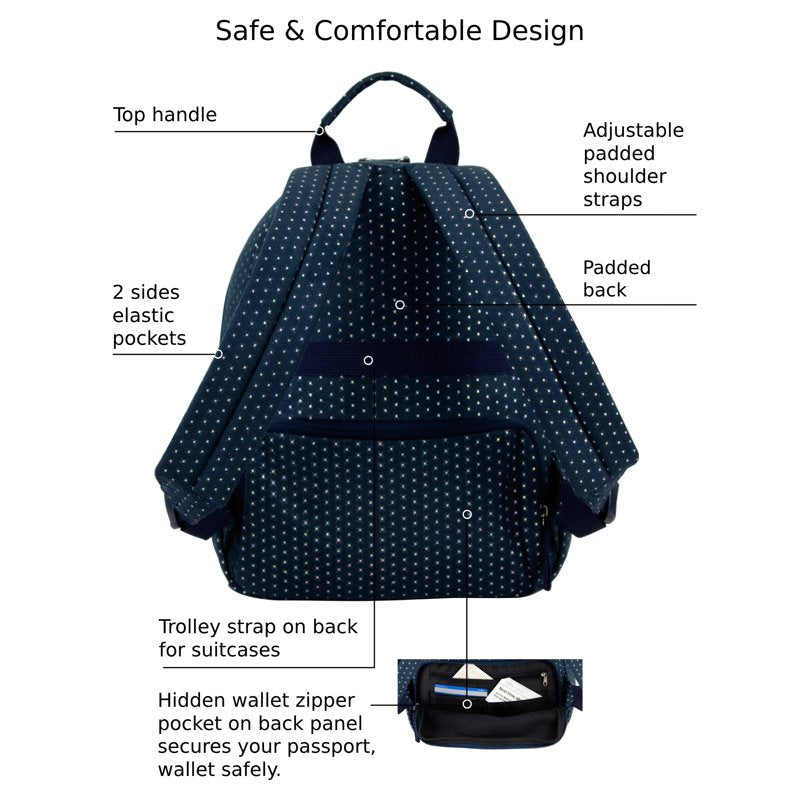 Mini Backpack for Travel and Daily Use with Secure Zipper Pockets - Navy Glitter Dots