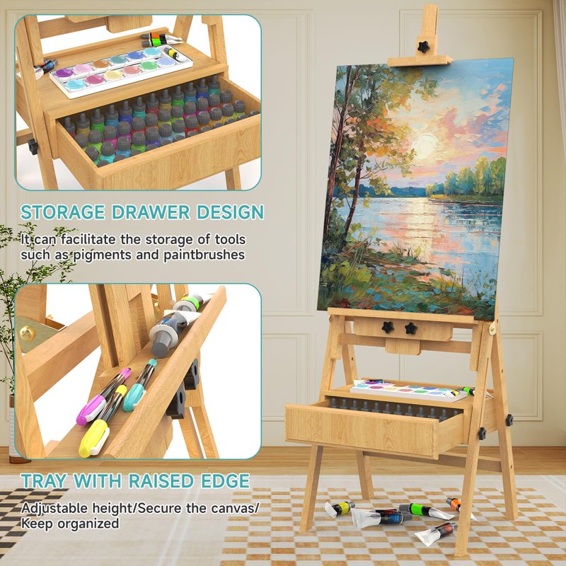 Large Beech Wood Artist Easel for Painting - Adjustable Studio Stand with Drawer & Storage Tray, Holds Up to 48 Inches