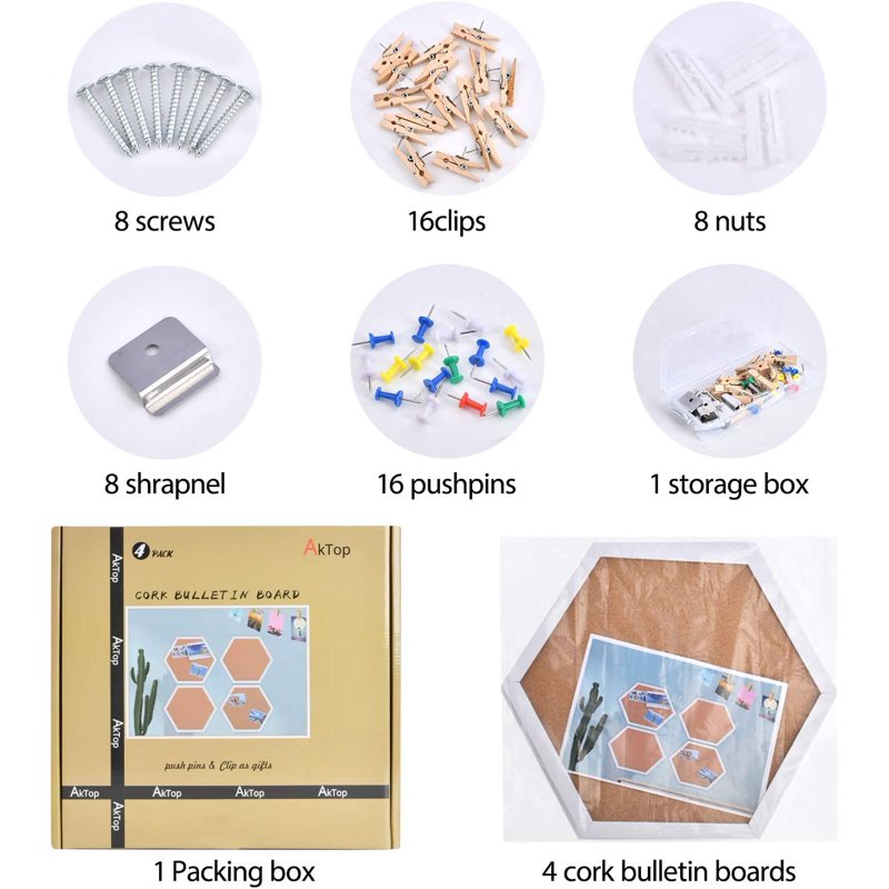 Hexagon Cork Bulletin Board Set - 4 Pack White Wall Cork Tiles for Office & Home