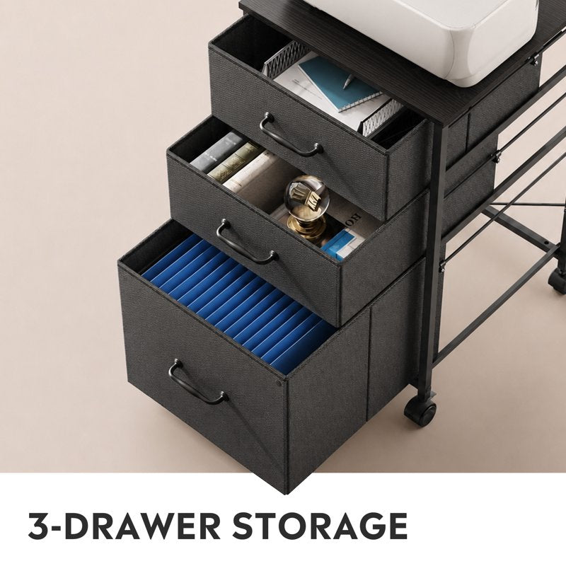3-Drawer Mobile File Cabinet with Fabric Organizers and Wood Grain Top - Black