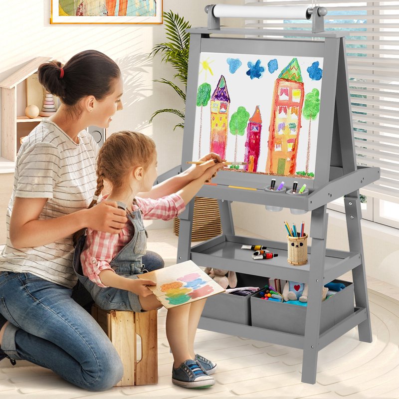 Kids Art Easel with Whiteboard & Chalkboard, Double-Sided Magnetic Surface, Paper Rollers, Gray