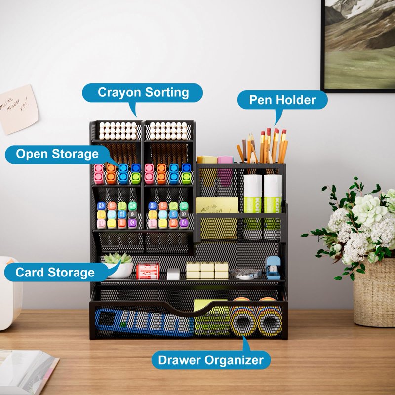 Multi-Functional Mesh Desk Organizer with Drawer - Office Stationery Storage