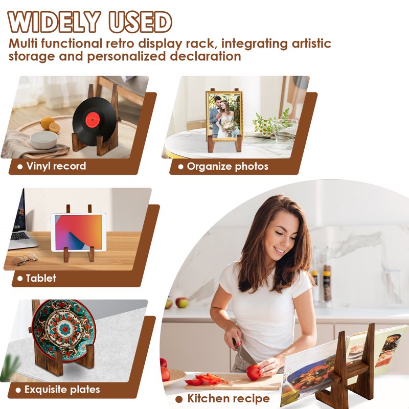 Wooden Plate Stand Set - Rustic Brown Tabletop Easels for Photos & Books, 8.66 Inch, 4 Pieces
