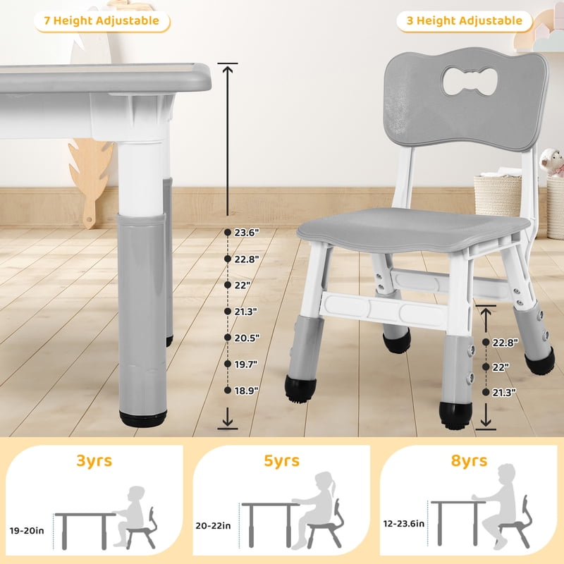Kids Activity Table and Chairs Set with Adjustable Height, Non-Slip Legs, Gray