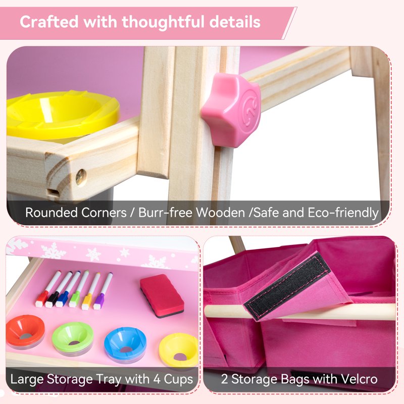 Kids Art Easel 3-in-1 Wooden Double Sided Magnetic Whiteboard & Paper Roll - Adjustable, Pink