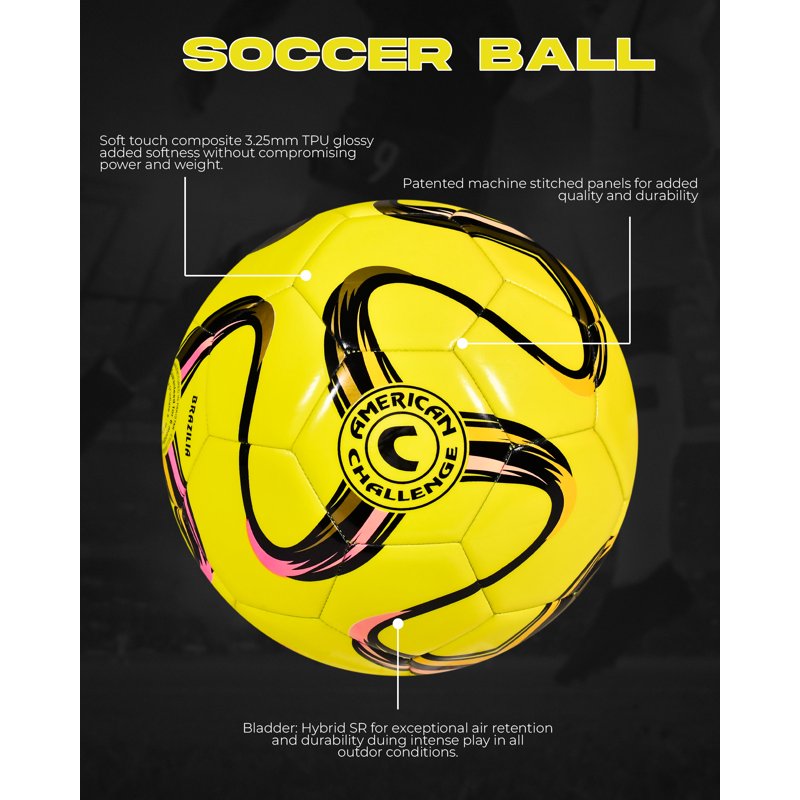 Brasilia Soccer Ball Size 5 - Training & Recreational Play by American Challenge - Variation 5, Lemon