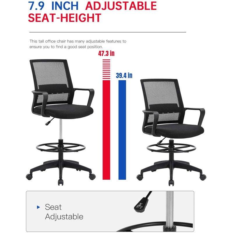 Adjustable Drafting Office Chair with Lumbar Support and Swivel Base - Ergonomic Mesh Seat