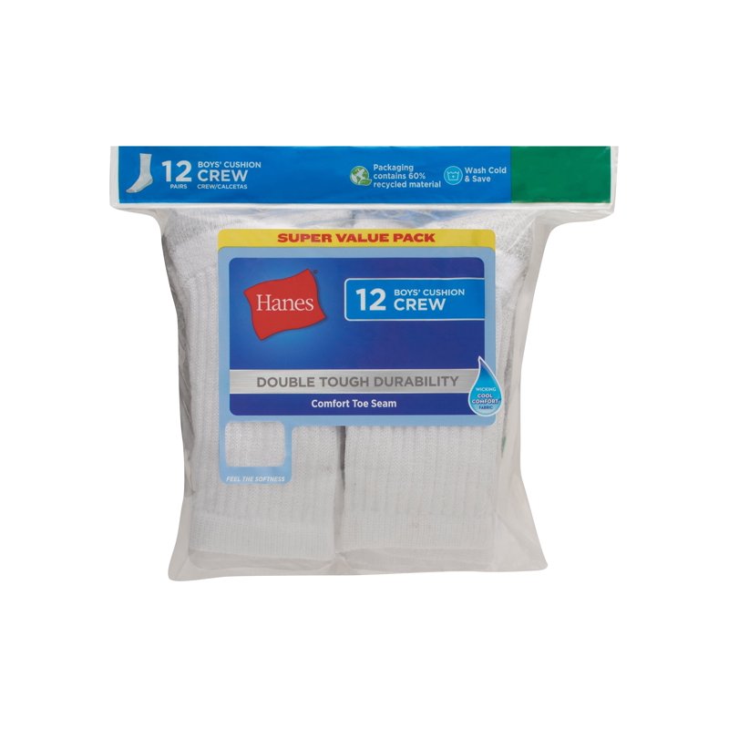 Hanes Double Tough Boys' Cushion Crew Socks 12-Pair - White, Size S