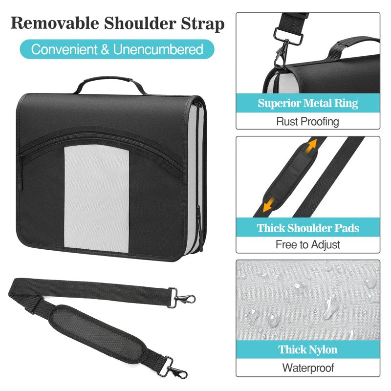Zipper Binder Organizer with Shoulder Strap, 3-Ring Capacity, Water-Resistant Nylon, Holds Up to 600 Sheets, Multiple Colors