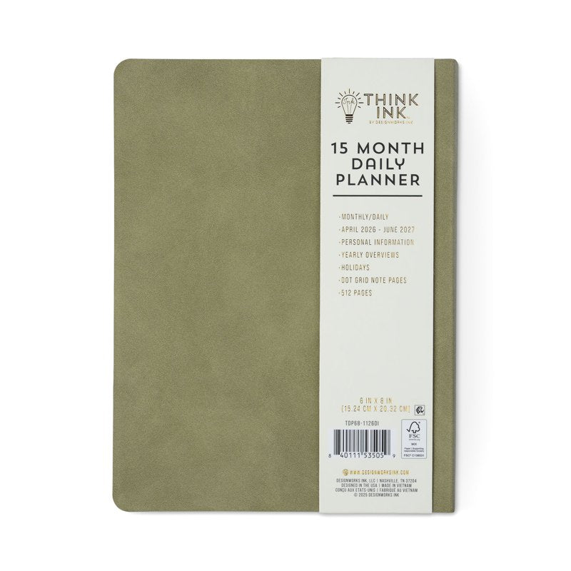 15-Month Sage Green Leatherette Planner with Gilded Edges - Daily Flex Organizer