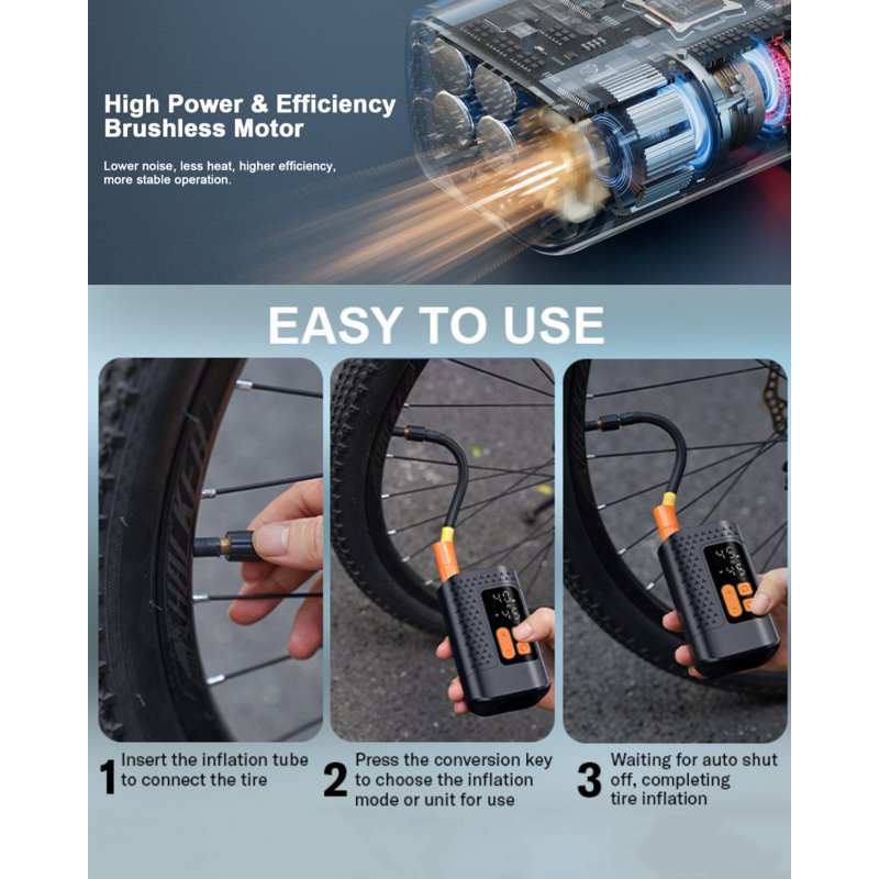 Electric Bike Pump 160PSI Portable Bicycle Pump with Gauge & Adapters