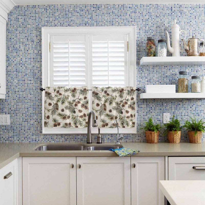 Kitchen Window Curtains Set Valance and Tier Panels with Green Leaves Pattern