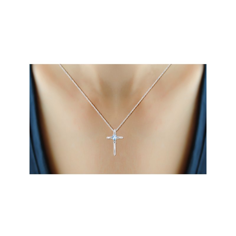 Sterling Silver Sky Blue Topaz Cross Necklace with White Diamond Accents - Hypoallergenic Pendant for Women