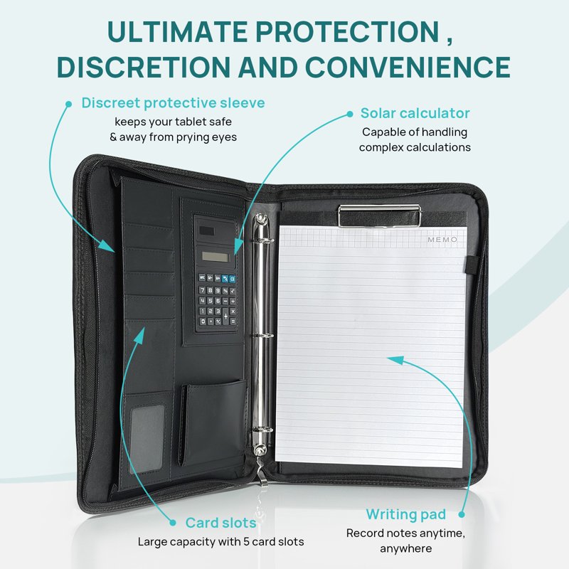 Leather Portfolio with Zipper, 3-Ring Business Organizer and Tablet Sleeve