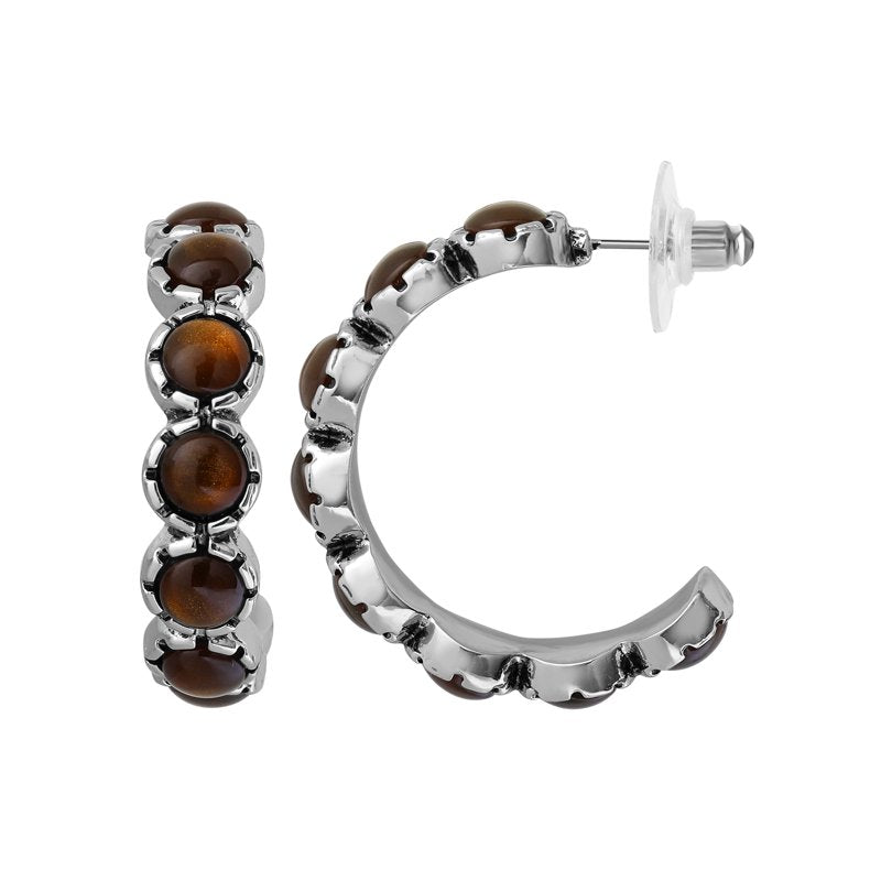 Jessica Simpson Women's Silver Tone Brown Stone Hoop Earrings - Vintage Charm