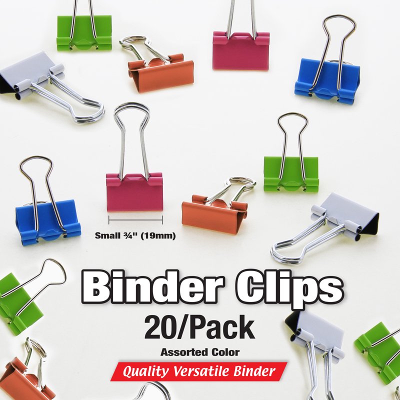 Multi-Color Small Binder Clips 3/4 Inch (19mm) Paper Clamps for Office & School - 20/Pack