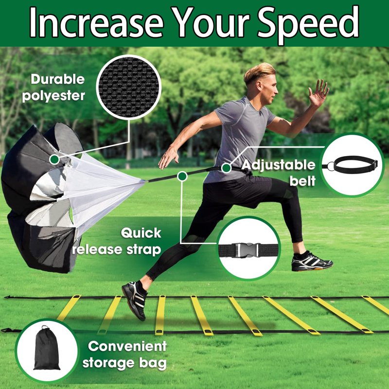 Speed Agility Training Kit: 20ft Adjustable Ladder, 12 Disc Cones, Stakes, Parachute
