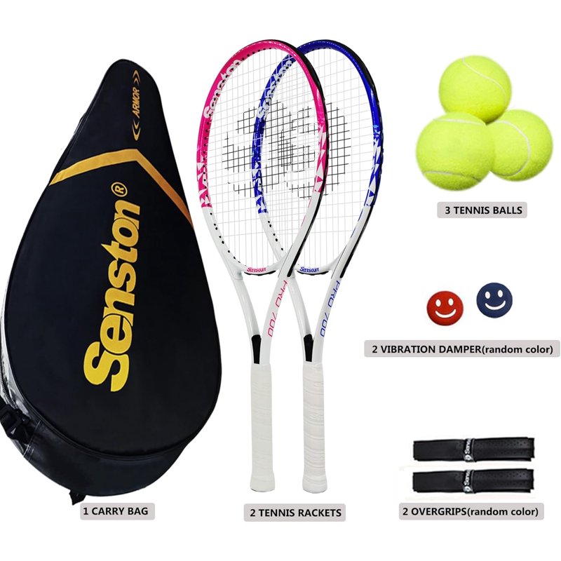 Adult Tennis Racket Set with 2 27-Inch Racquets, Balls, Grips & Dampers