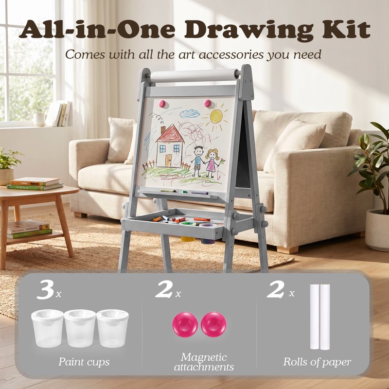 Kids Art Easel with Magnetic Whiteboard & Chalkboard, Adjustable & Foldable