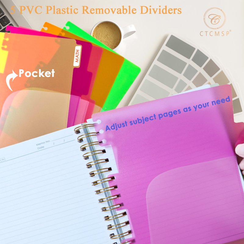 5 Subject Leather Hardcover Spiral Notebook with Removable Dividers - A5 College Ruled Organizer