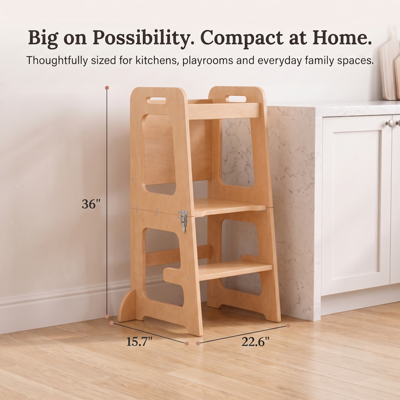 4-in-1 Toddler Kitchen & Learning Tower - Montessori Convertible Stool & Table