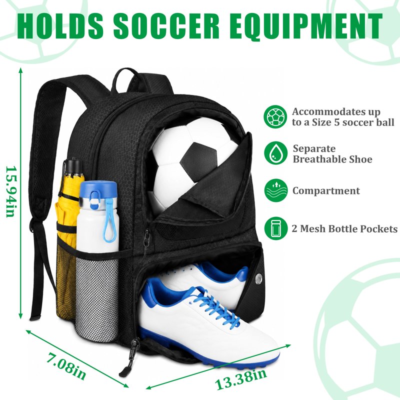 Soccer Bag with Ball Holder & Shoe Compartment Water-Resistant Sports Backpack