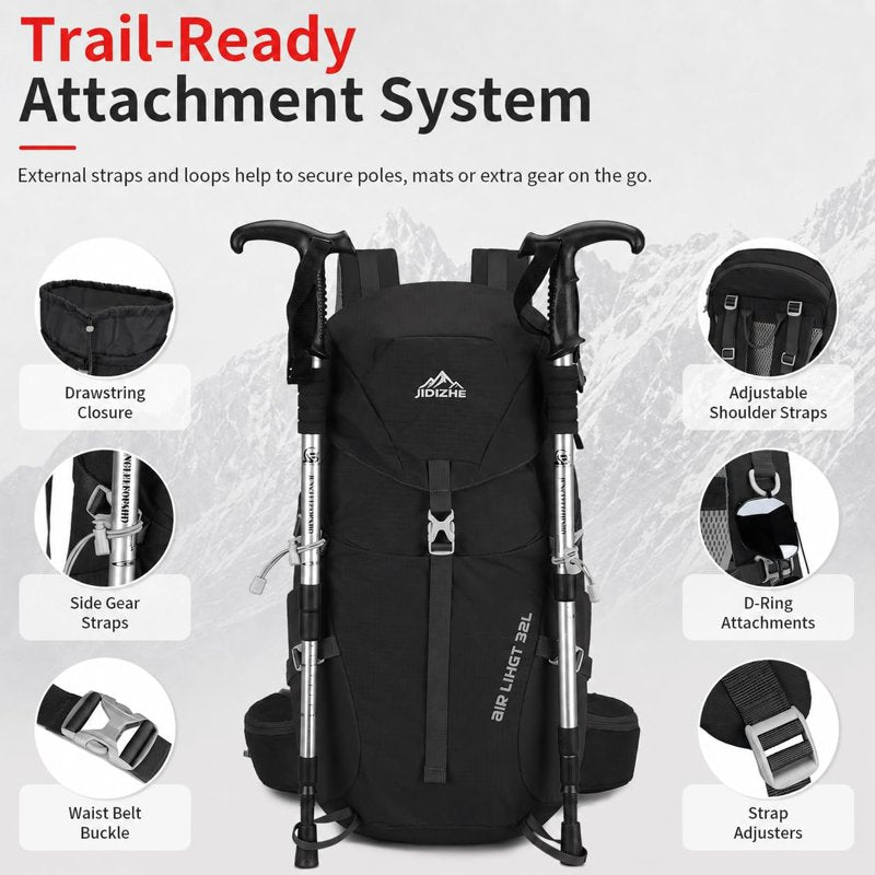 JIDIZHE 32L Hiking Backpack with Internal Frame & Rain Cover - Black (Variation Black004)