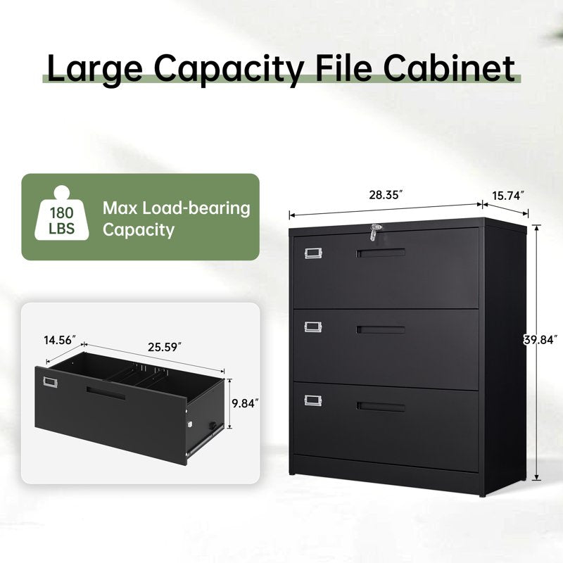 Lockable Metal Lateral File Cabinet with 3 Drawers for Office & Home
