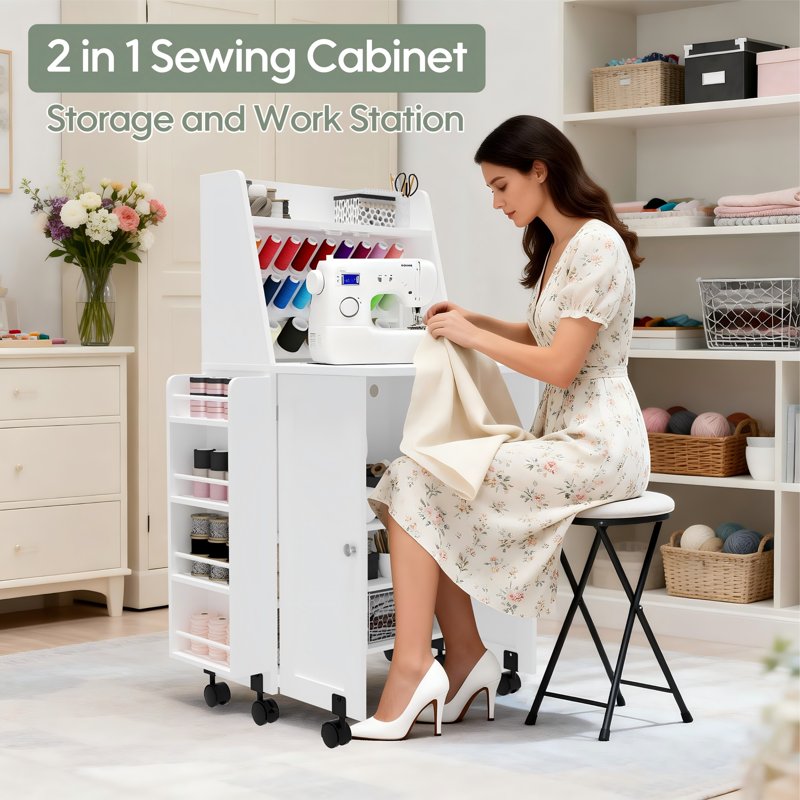 Sewing Table & Storage Cabinet with Power Outlets, Spool Racks, Lockable Wheels