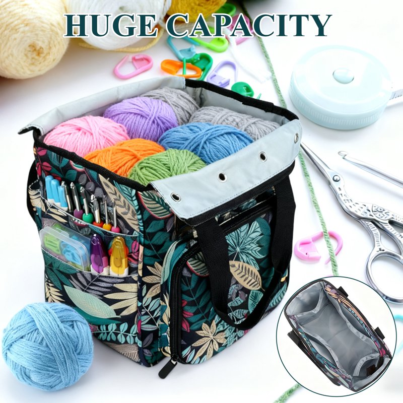 Crochet Yarn Organizer Bag with Multiple Compartments and Accessories - Blue