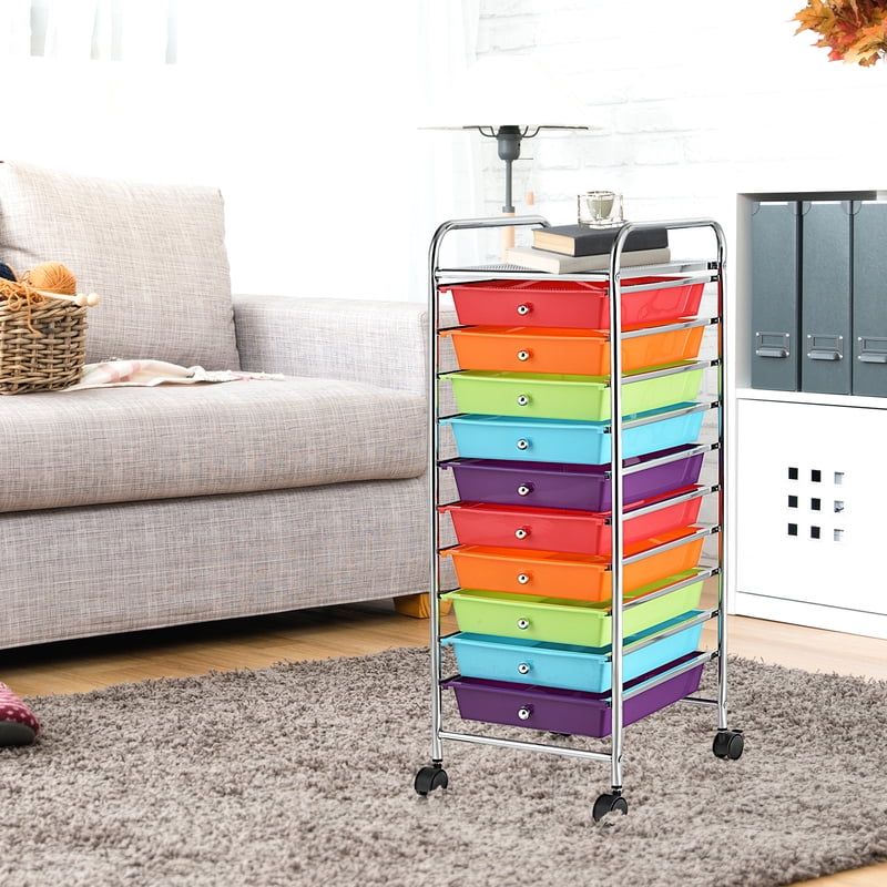 Rolling Storage Cart with 10 Colorful Drawers - Office, Home & School Organizer