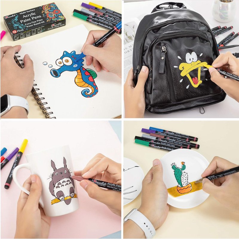 Acrylic Paint Pens Set of 12 - Fine Tip Markers for Rock, Ceramic, Fabric & DIY Art