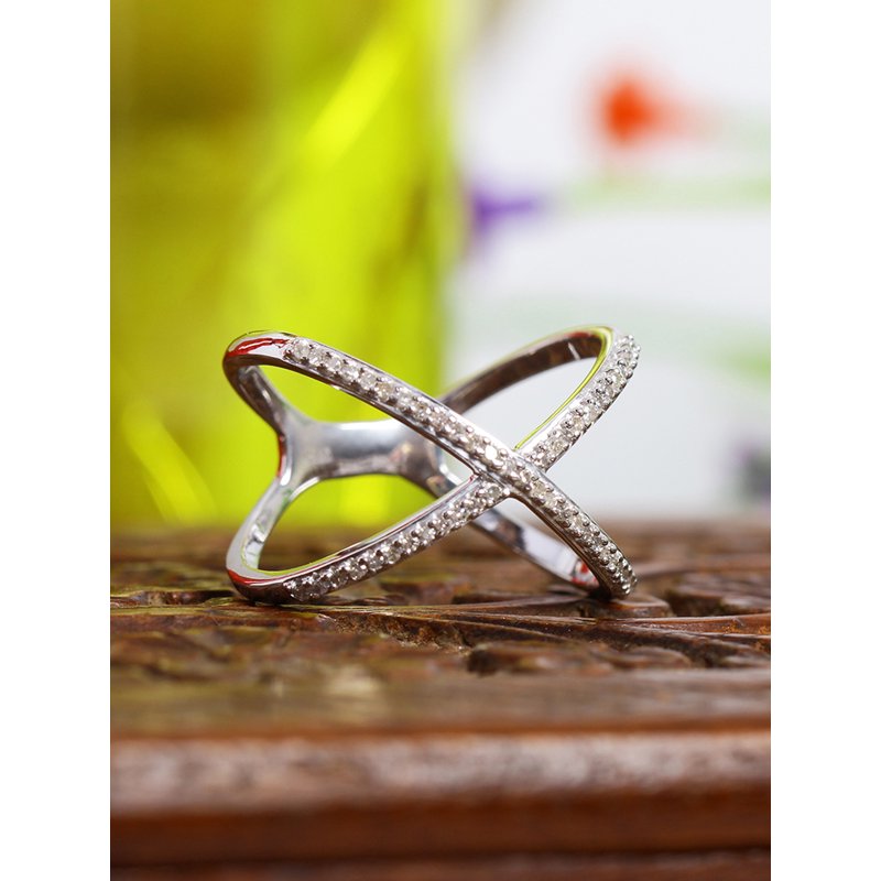 Sterling Silver Diamond Cross Ring - 0.15 Carat White Diamond X Ring for Women